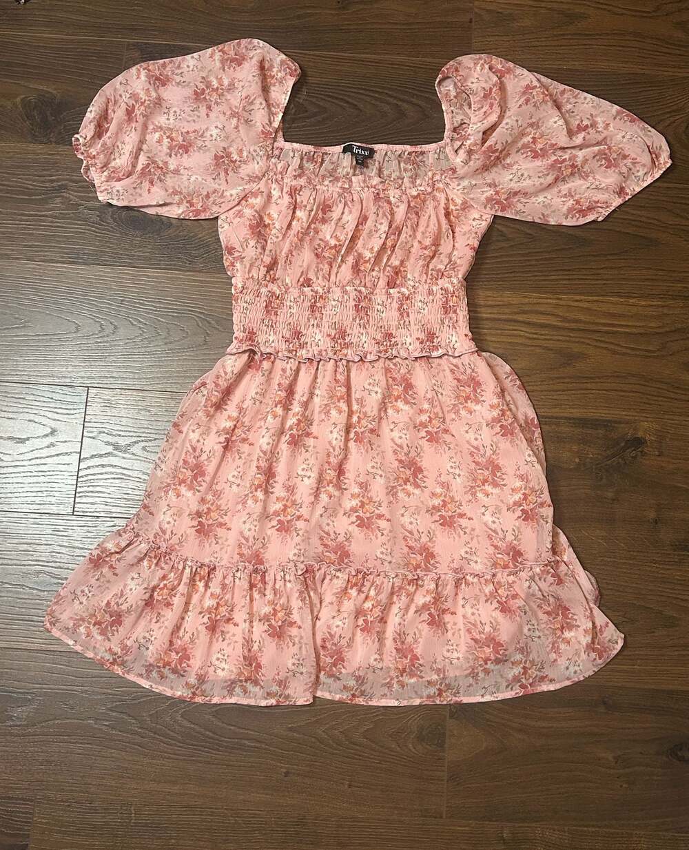 Trixxi Women's Pink Floral Puff Sleeve Smocked Waist Mini Dress